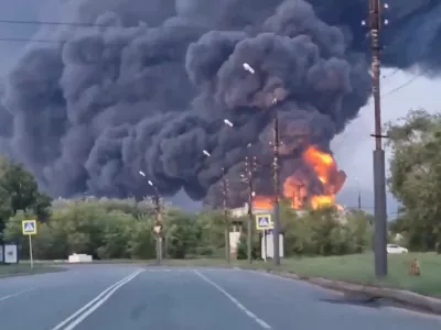 Fire and smoke rise from a site in Engels, Saratov region, Russia, in this screen grab obtained from a social media video, released on June 6, 2025. Social Media/via REUTERS THIS IMAGE HAS BEEN SUPPLIED BY A THIRD PARTY. NO RESALES. NO ARCHIVES.