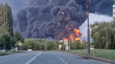 Fire and smoke rise from a site in Engels, Saratov region, Russia, in this screen grab obtained from a social media video, released on June 6, 2025. Social Media/via REUTERS THIS IMAGE HAS BEEN SUPPLIED BY A THIRD PARTY. NO RESALES. NO ARCHIVES.