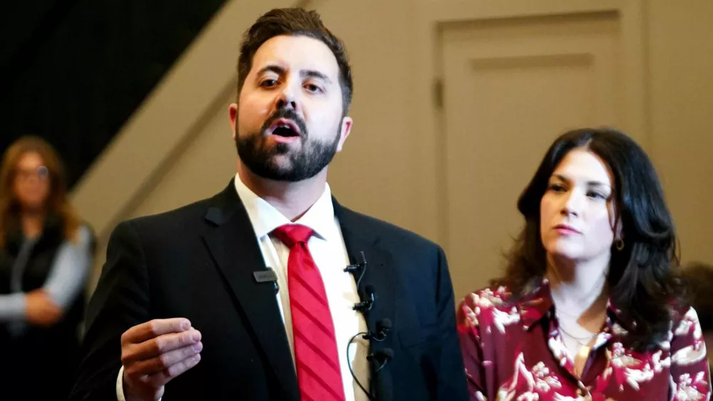 Cincinnati mayoral candidate Cory Bowman gives a speech after results were announced on Election night during his watch party, Tuesday, Nov. 4, 2025, in West End.