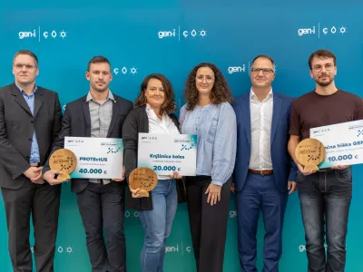 Od leve proti desni: Sandi Kavalič, član uprave GEN-I; dr. Jure Tičar, Jamarski klub Novo mesto; Barbara Simonič, Ljubljanska kolesarska mreža; Petra Kralj Ivančič, vodja projekta trajnostnega razpisa v GEN-I; Maks Helbl, predsednik uprave GEN-I; Timotej Lemut, Zavod BETA (Foto: GEN-I)