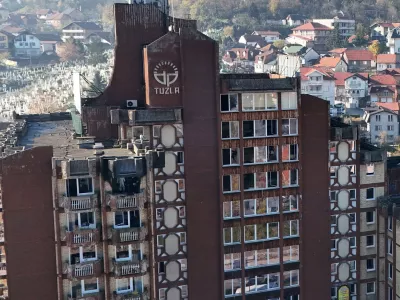 A drone view of the building of a home for the elderly, after a fire, in the town of Tuzla, Bosnia and Herzegovina, November 5, 2025. REUTERS/Amel Emric