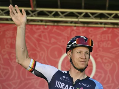 01 May 2025, Hesse, Eschborn: Cycling: UCI WorldTour - Eschborn-Frankfurt, (198.70 km), men. Pascal Ackermann from Germany from Team Israel-Premier Tech takes part in the rider presentation. Photo by: Arne Dedert/picture-alliance/dpa/AP Images