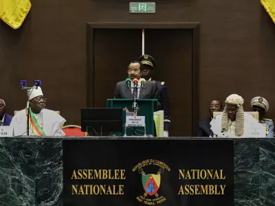Cameroonian President Paul Biya, front center, delivers his inaugural address after being sworn in for a new term at the National Assembly in Yaounde, Cameroon, Thursday, Nov. 6, 2025. (AP Photo/Angel Ngwe)