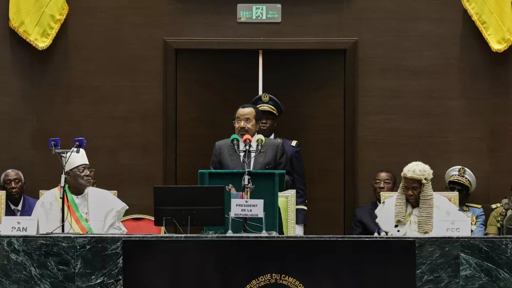 Cameroonian President Paul Biya, front center, delivers his inaugural address after being sworn in for a new term at the National Assembly in Yaounde, Cameroon, Thursday, Nov. 6, 2025. (AP Photo/Angel Ngwe)