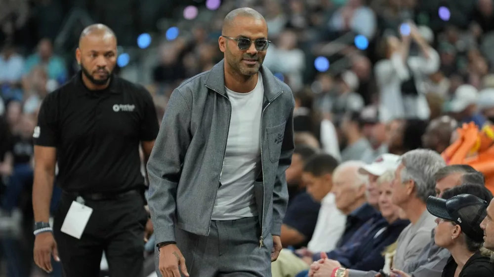 FILE PHOTO: Oct 27, 2025; San Antonio, Texas, USA; Former San Antonio Spurs guard Tony Parker at the game against the Toronto Raptors at Frost Bank Center. Mandatory Credit: Daniel Dunn-Imagn Images/File Photo