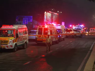 Ambulances are lined up at the scene after a car explosion near the historic Red Fort in New Delhi, India, Monday, Nov. 10, 2025. (AP Photo)