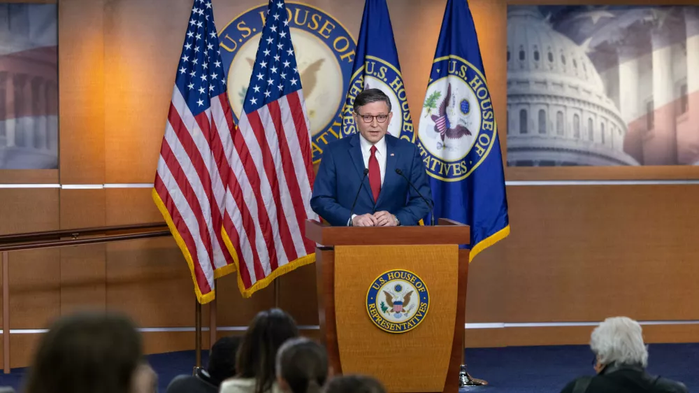 10 November 2025, US, WashingtonSpeaker of the House Mike Johnson (R-LA) speaks during a press conference. Speaker Johnson held a press conference as the Senate moved forward on government funding, as the government shutdown continues into a 41st day. PhotoNathan Posner/SOPA Images via ZUMA Press Wire/dpa