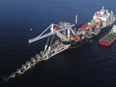 ﻿15 November 2018, Mecklenburg-Western Pomerania, Laage: The laying vessel "Audacia" of the offshore service provider Allseas is laying pipes for the Nord Stream 2 gas pipeline in the Baltic Sea off the island of R'gen. 250 kilometres of the two strings of the pipeline have already been laid on the 1,230-kilometre stretch through the Baltic Sea. (Aerial photo with a drone /copter) Photo by: Bernd W'stneck/picture-alliance/dpa/AP Images