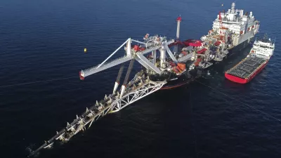 ﻿15 November 2018, Mecklenburg-Western Pomerania, Laage: The laying vessel "Audacia" of the offshore service provider Allseas is laying pipes for the Nord Stream 2 gas pipeline in the Baltic Sea off the island of R'gen. 250 kilometres of the two strings of the pipeline have already been laid on the 1,230-kilometre stretch through the Baltic Sea. (Aerial photo with a drone /copter) Photo by: Bernd W'stneck/picture-alliance/dpa/AP Images