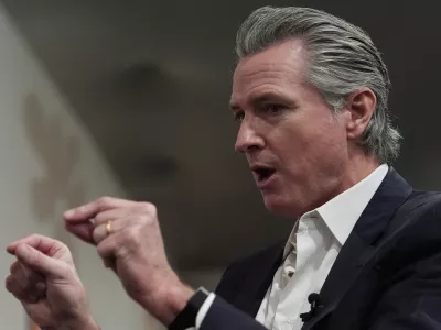 California Gov. Gavin Newsom speaks during an interview with The Associated Press at the COP30 U.N. Climate Summit, Tuesday, Nov. 11, 2025, in Belem, Brazil. (AP Photo/Joshua A. Bickel)