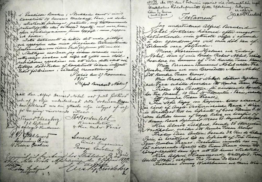 Zadnja različica oporoke Alfreda Nobela z dne 25. novembra 1895 / Foto: Wikipedija