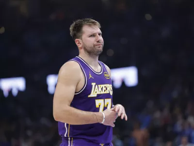 Nov 12, 2025; Oklahoma City, Oklahoma, USA; Los Angeles Lakers guard Luka Doncic reacts to a fan during the second quarter of a game against the Oklahoma City Thunder at Paycom Center. Mandatory Credit: Alonzo Adams-Imagn Images