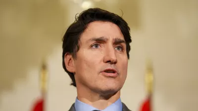 Canada Prime Minister Justin Trudeau holds a press conference at Canada House in London on Sunday, March 2, 2025. (Sean Kilpatrick/The Canadian Press via AP)