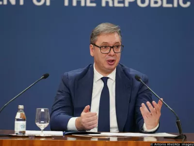 22, October, 2025, Belgrade - The President of the Republic of Serbia Aleksandar Vucic made an extraordinary address to the public at the Palace of Serbia due to the shooting and fire in the tent settlement near the National Assembly of Serbia. Aleksandar Vucic. Photo: Antonio Ahel/ATAImages 22, oktobar 2025, Beograd - Predsednik Republike Srbije Aleksandar Vucic vanredno se obratio javnosti u Palati Srbija zbog pucnjave i pozara u satorskom naselju kod Narodne skupstine Srbije. Photo: Antonio Ahel/ATAImages Photo: Antonio Ahel/Ata images/PIXSELL