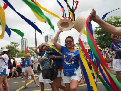 Activists participate in a climate protest during the COP30 U.N. Climate Summit, Saturday, Nov. 15, 2025, in Belem, Brazil. (AP Photo/Joshua A. Bickel)