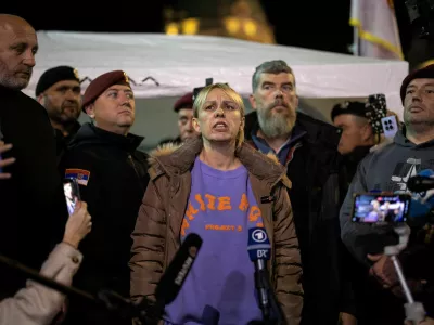 Dijana Hrka, mother of one of the victims of the fatal November 2024 railway station canopy collapse, speaks to media as she ends her hunger strike in front of the parliament building in Belgrade, Serbia, November 17, 2025. REUTERS/Marko Djurica