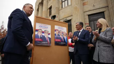 08.11.2025., Banja Luka, Bosna i Hercegovina - Na platou ispred Palace Republike SNSD je sluzbeno zapoceo kampanju za izbore za predsjednika Republike Srpske lijepljenjem prvog plakata. Milorad Dodik, kandidat SNSD-a za predsjednika RS Sinisa Karan, potpredsjednica SNSD-a Zeljka Cvijanovic Photo: Dejan Rakita/PIXSELL