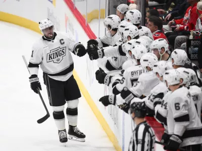 Los Angeles Kings center Anze Kopitar celebrates his goal during the second period of an NHL hockey game against the Washington Capitals, Monday, Nov. 17, 2025, in Washington. (AP Photo/Nick Wass)
