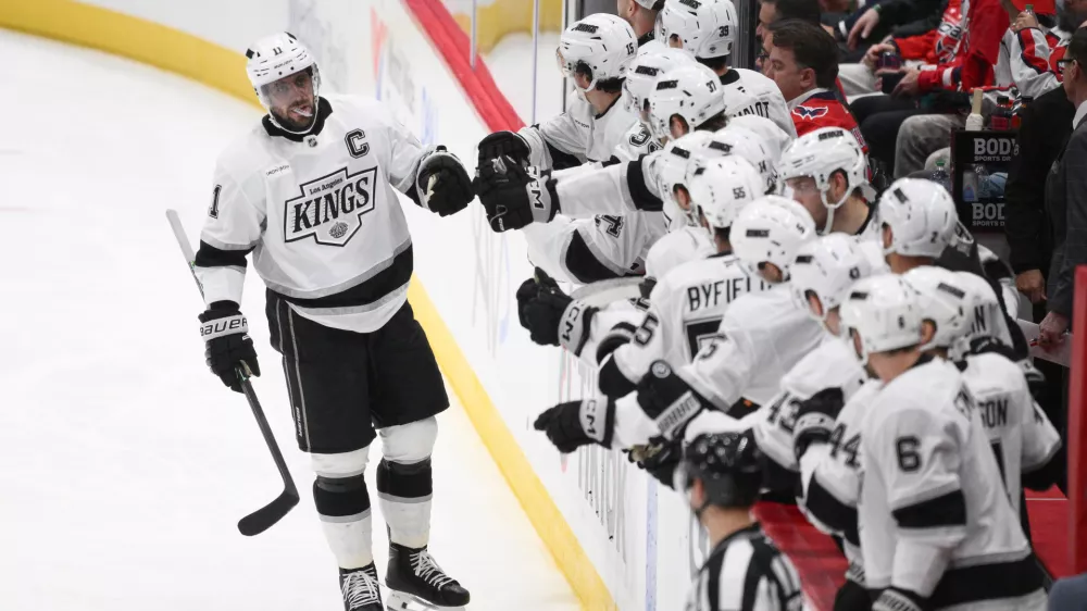 Los Angeles Kings center Anze Kopitar celebrates his goal during the second period of an NHL hockey game against the Washington Capitals, Monday, Nov. 17, 2025, in Washington. (AP Photo/Nick Wass)