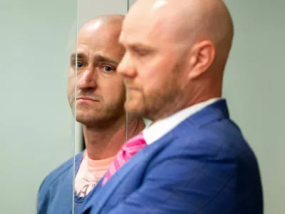 FILE PHOTO: Joseph David Emerson, 44, an Alaska Airlines pilot who was riding in the cockpit "jump seat" and is accused of trying to disable the engines of a Horizon Air jet, appears in Multnomah County court in Portland, Oregon, U.S. October 24, 2023. Dave Killen/Pool via REUTERS/File Photo