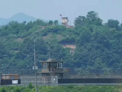 FILE - A North Korean military guard post, top, and a South Korean post, bottom, are seen from Paju, South Korea, near the border with North Korea, on June 18, 2024. (AP Photo/Ahn Young-joon, File)