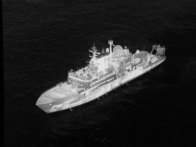 An image of a ship detected off the British Coast on a screen during Defence Secretary John Healey's speech on how the UK's defence industry is delivering growth and national renewal across the UK, at No 9 Downing Street in central London. Picture date: Wednesday November 19, 2025. Stefan Rousseau/Pool via REUTERS