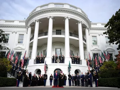 President Donald Trump welcomes Saudi Arabia's Crown Prince Mohammed bin Salman to the White House, Tuesday, Nov. 18, 2025, in Washington. (AP Photo/Mark Schiefelbein)