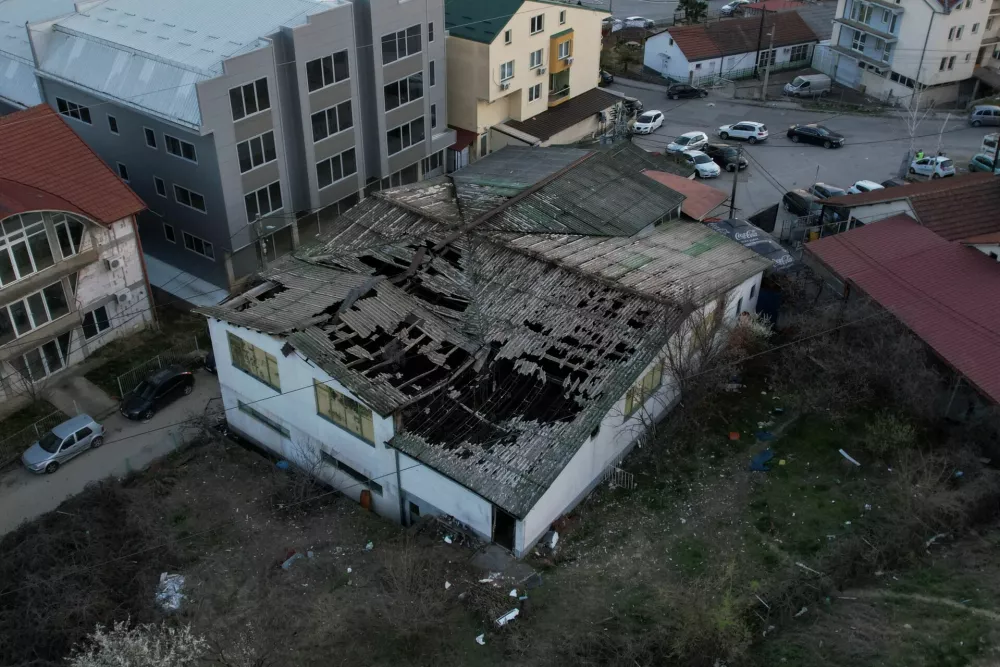 A drone view shows a night club destroyed in a fire resulting in casualties, in the town of Kocani, North Macedonia, March 16, 2025. REUTERS/Alexandros Avramidis