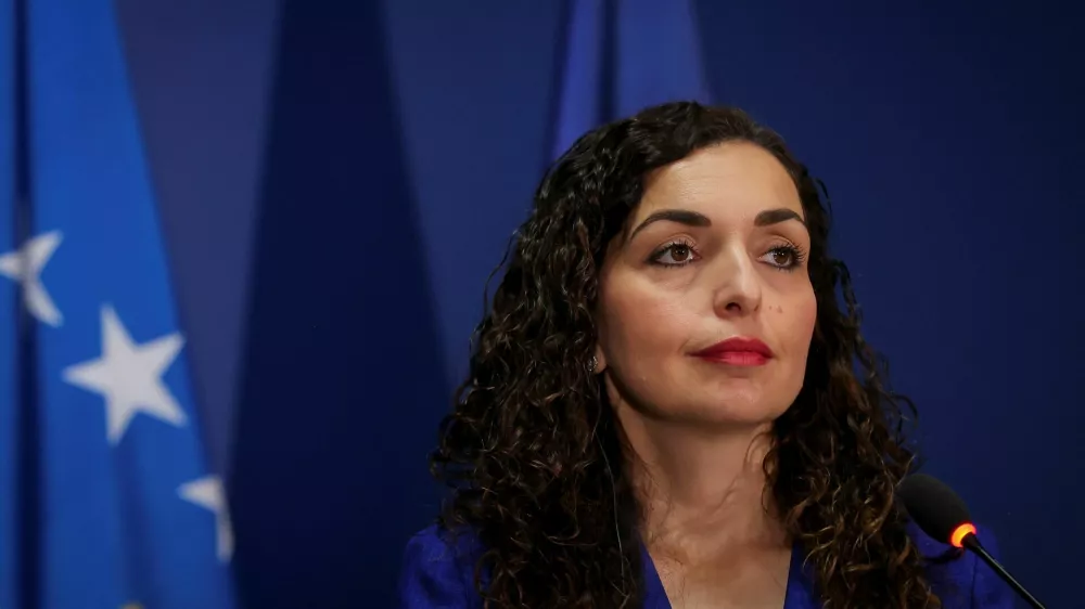 Kosovo's President Vjosa Osmani looks on during a press conference with German Foreign Minister Johann Wadephul (not in picture) in Pristina, Kosovo, November 18, 2025. REUTERS/Valdrin Xhemaj