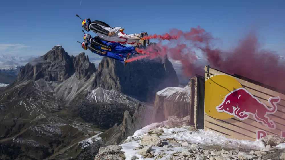 Fred Fugen, Amber Forte and Sebastian Alvares seen at the catapult during the Red Bull Ultimate Aerial Obstacle Course at Pass Pordoi, Italy on October 6, 2024.