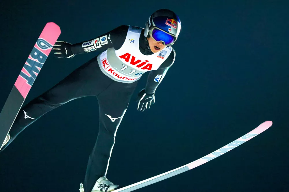 Japan's Ryoyu Kobayashi in action during the mixed team competition during the World Cup ski jumping in the large Lysgårdsbakken in Lillehammer, Norway, Friday Nov. 21, 2025. (Geir Olsen/NTB via AP)