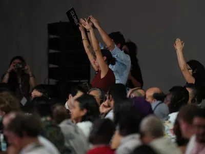 Delegates from Colombia react during a plenary session at the COP30 U.N. Climate Summit, Saturday, Nov. 22, 2025, in Belem, Brazil. (AP Photo/Andre Penner)