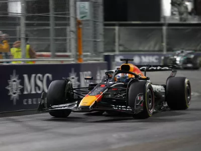 Nov 22, 2025; Las Vegas, NV, USA; Red Bull Racing driver Max Verstappen (1) drives during Las Vegas Grand Prix at the Las Vegas Strip Circuit. Mandatory Credit: Lucas Peltier-Imagn Images