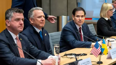 U.S. special envoy Steve Witkoff, second left, and U.S. Secretary of State Marco Rubio, right, sit at the beginning of talks with the Ukrainian delegation at the U.S. Mission to International Organizations in Geneva, Sunday, Nov. 23, 2025. (Martial Trezzini/Keystone via AP)