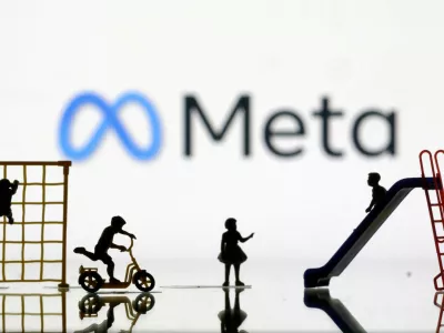 FILE PHOTO: Children playground miniatures are seen in front of displayed Meta logo in this illustration taken April 4, 2023. REUTERS/Dado Ruvic/Illustration/File Photo