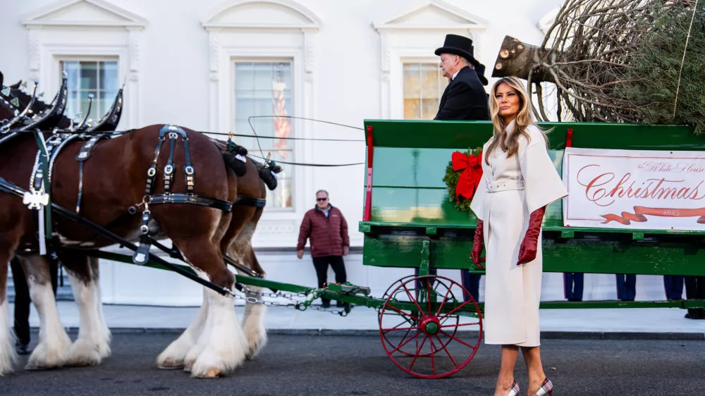 First lady Melania Trump receives the official 2025 White House Christmas Tree, a white fir from Korson's Tree Farms in Michigan, on the North Portico of the White House, Monday, Nov. 24, 2025, in Washington. (AP Photo/Julia Demaree Nikhinson)