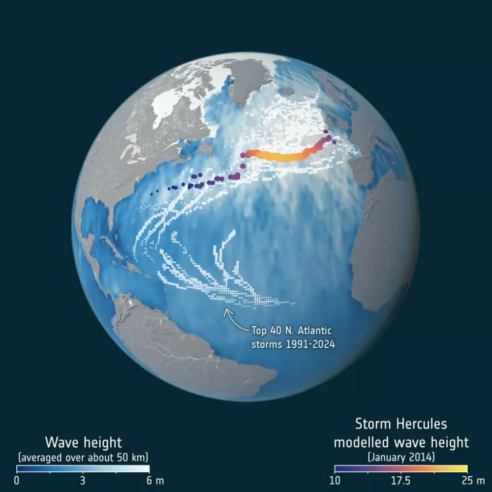 Meritev, ki jo je opravila Evropska vesoljska agencija. Bolj je barva rumena, višji so valovi. / Foto: Esa