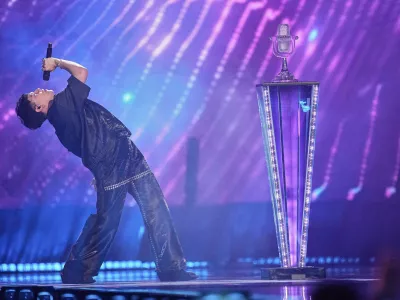 FILE - Winner of the Eurovision Song Contest JJ from Austria performs the winning song "Wasted Love" during the Grand Final of the 69th Eurovision Song Contest, in Basel, Switzerland, early Sunday, May 18, 2025. (AP Photo/Martin Meissner, File)