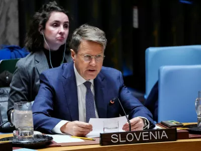Permanent Representative of Slovenia to the United Nations, Samuel Zbogar, addresses a meeting of the United Nations Security Council on the situation in Libya at the U.N. headquarters in New York City, U.S., November 25, 2025. REUTERS/Eduardo Munoz