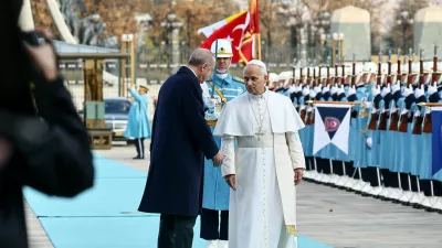 Pope Leo XIV meets Turkish President Tayyip Erdogan at the Presidential Palace, during his first apostolic journey, in Ankara, Turkey, November 27, 2025. REUTERS/Yara Nardi