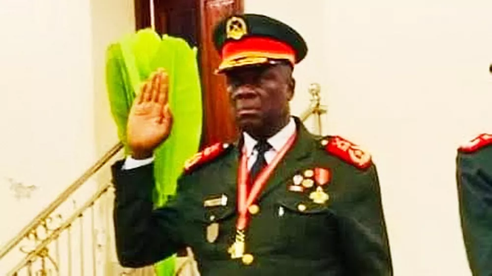 In this photo taken from video provided by TGB Guinea-Bissau, Guinea-Bissau's new junta leader Gen. Horta Inta-A, takes an oath of office in Bissau, Guinea-Bissau, Thursday, Nov. 27, 2025. (TGB Guinea-Bissau via AP)