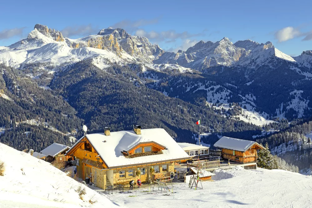 Dolomites, Italy, Civetta ski - Mountain hut on Col Fioret in winter