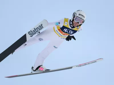Slovenia's Nika Prevc competes in the 1st round of the women's world cup ski jumping in Lillehammer, Norway, Saturday Nov. 22, 2025. (Geir Olsen/NTB Scanpix via AP)
