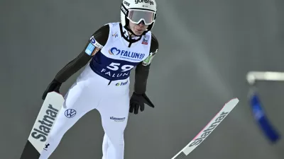 Nika Prevc, of Slovenia, competes in the women's Individual HS95 FIS World Cup Ski Jumping event in Falun, Sweden, Friday, Nov. 28, 2025. (Fredrik Sandberg/TT News Agency via AP)
