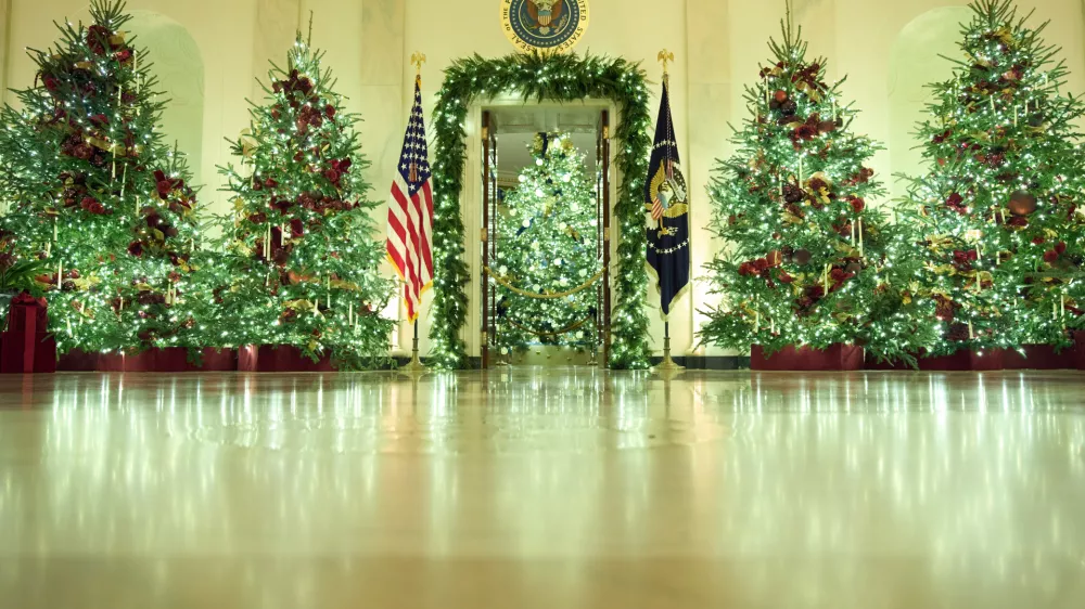 Christmas trees decorate the Cross Hall of the White House during a press preview of the Christmas decorations "Home is Where the Heart Is," Monday, Dec. 1, 2025, in Washington. (AP Photo/Evan Vucci)