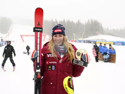 Nov 30, 2025; Copper, Colorado, USA;  Mikaela Shiffrin of the United States celebrates after winning the women's slalom alpine skiing race at the Stifel Copper Cup at Copper Mountain. Mandatory Credit: Michael Madrid-Imagn Images