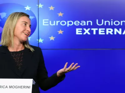﻿European Union foreign policy chief Federica Mogherini addresses a news conference after meeting NATO Secretary General Jens Stoltenberg (unseen) at the European External Action Service (EEAS) building in Brussels November 4, 2014.  REUTERS/Francois Lenoir (BELGIUM - Tags: POLITICS)