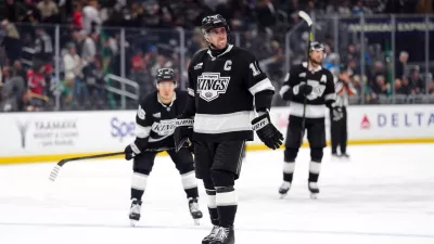 Dec 2, 2025; Los Angeles, California, USA; LA Kings center Anze Kopitar (11 reacts at the end of the game against the Washington Capitals at Crypto.com Arena. Mandatory Credit: Kirby Lee-Imagn Images