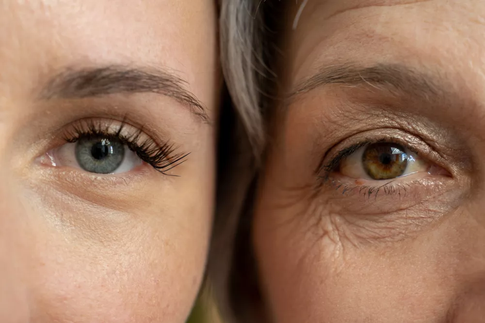 A close-up comparison of the eyes of a young woman and an older woman, highlighting the visible differences in skin texture and wrinkles