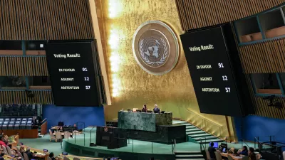 03 December 2025, US, New York: A vote on a Ukraine-related resolution is projected onto screens during the eleventh Emergency Special Session of the UN General Assembly. The Assembly adopts a resolution demanding that Russia immediately, safely and unconditionally return all Ukrainian children allegedly deported since the war began. The vote passes with 91 in favour, 12 against and 57 abstentions. Photo: Bianca Otero/ZUMA Press Wire/dpa